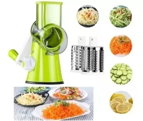 Rallador de queso giratorio con manivela y 3 cuchillas intercambiables, ideal para rallar, triturar y rebanar verduras, frutas, frutos secos, zanahorias