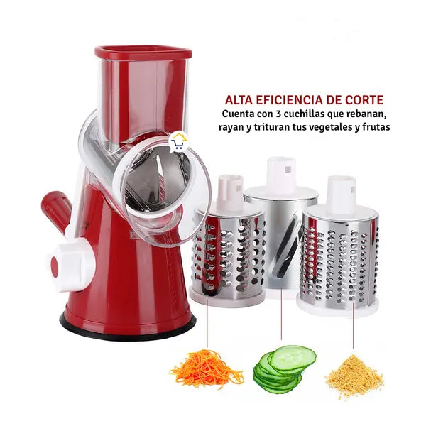 Rallador de queso giratorio con manivela y 3 cuchillas intercambiables, ideal para rallar, triturar y rebanar verduras, frutas, frutos secos, zanahorias