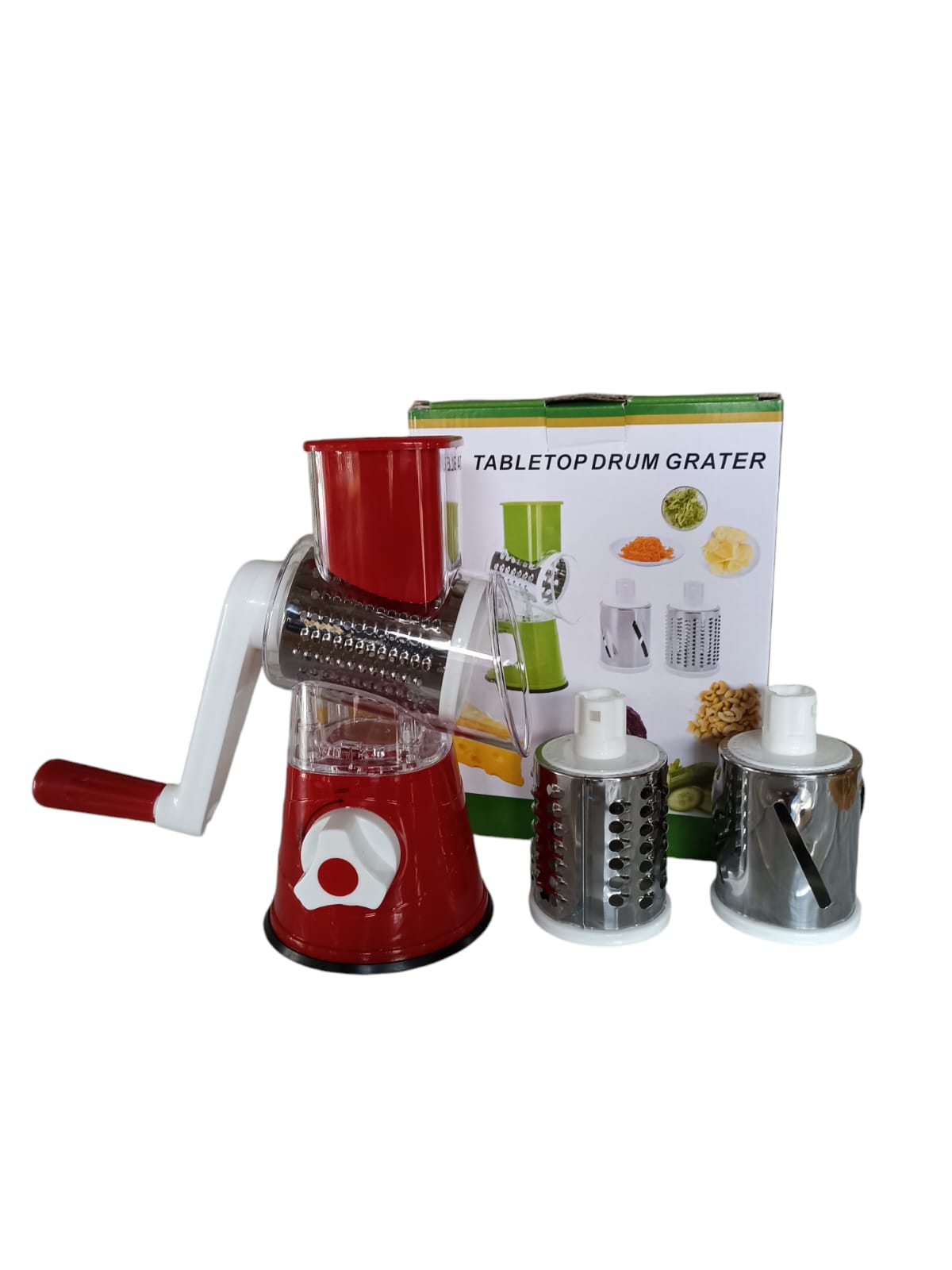 Rallador de queso giratorio con manivela y 3 cuchillas intercambiables, ideal para rallar, triturar y rebanar verduras, frutas, frutos secos, zanahorias
