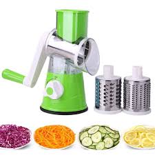 Rallador de queso giratorio con manivela y 3 cuchillas intercambiables, ideal para rallar, triturar y rebanar verduras, frutas, frutos secos, zanahorias