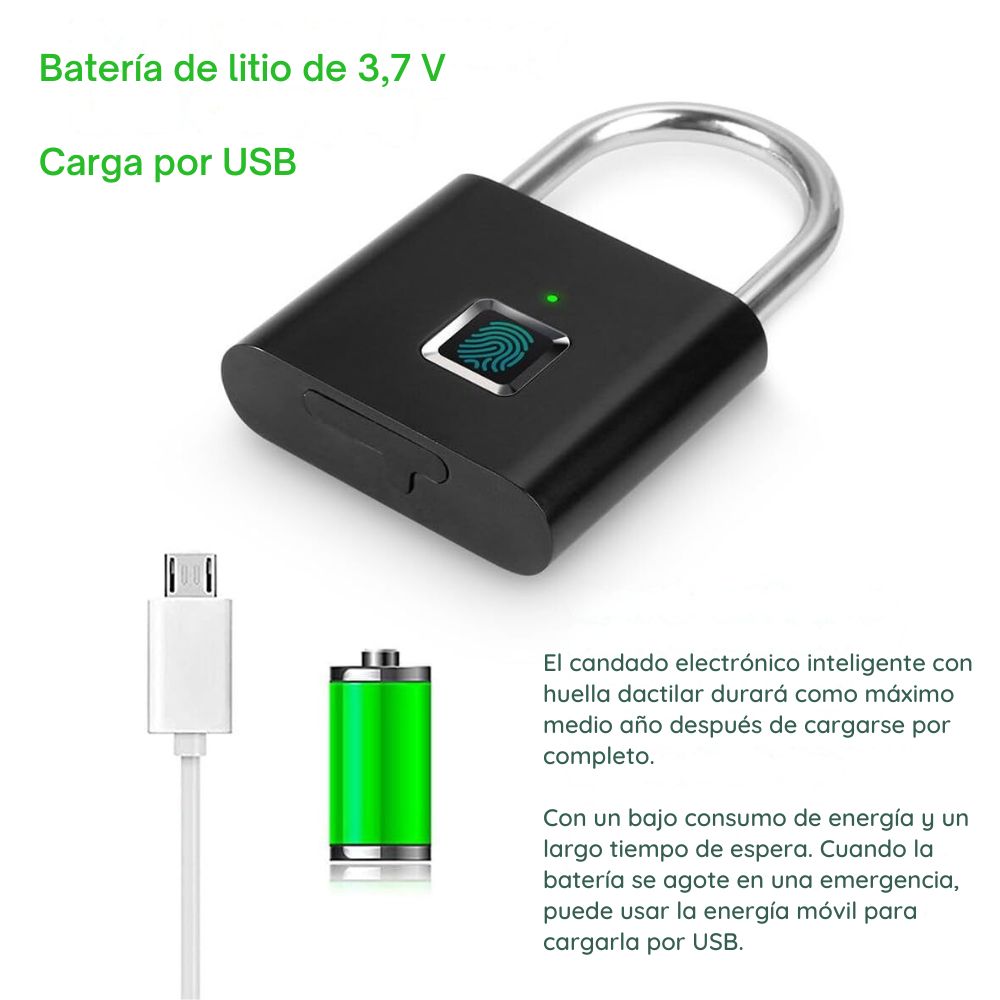 Candado de huellas dactilares ultra ligero con un toque abierto con carga USB para gimnasio, deportes, casillero de empleados escolares, valla, maleta, bicicleta, sin aplicación, sin Bluetooth, sin problemas