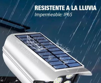 Luz LED solar de seguridad con sensor de movimiento PIR, 77 LED, luz de suelo y pared con ángulo ajustable, luz solar con cámara falsa para exteriores, para terraza, cerca, patio, puerta de entrada