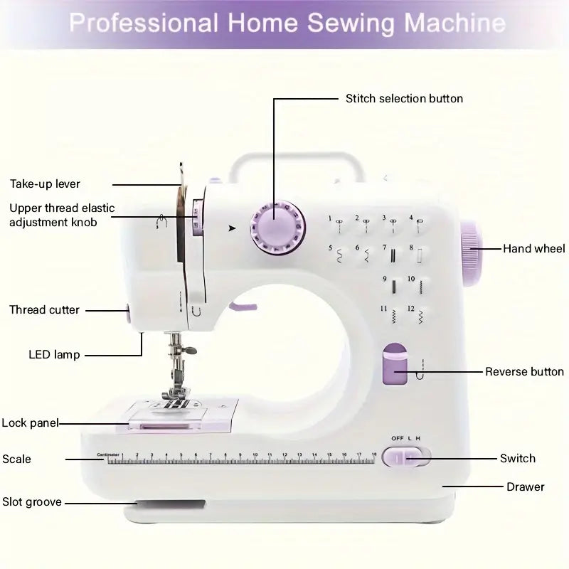 Mini máquina de coser portátil para principiantes, pequeña máquina de coser doble hilo y dos velocidades multifunción máquina de reparación con pedal para niños, mujeres (morado)