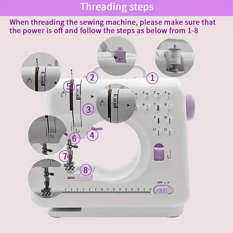 Mini máquina de coser portátil para principiantes, pequeña máquina de coser doble hilo y dos velocidades multifunción máquina de reparación con pedal para niños, mujeres (morado)