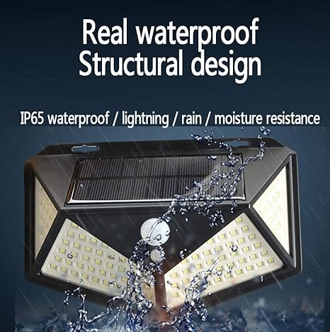 Luces solares para exteriores, [iluminación de cuatro ángulos] Luz solar de seguridad de 100 LED con sensor de movimiento, luz solar impermeable de pared con 3 modos para jardín, exterior,