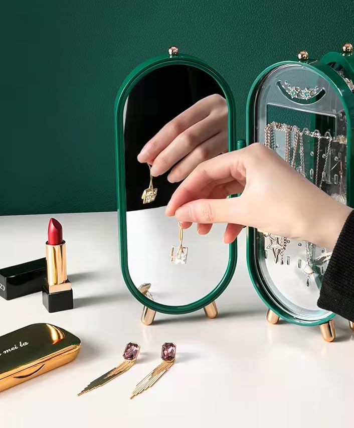 Soporte para aretes, caja de almacenamiento de joyas para mujer, plegable, acrílico, expositor, caja organizadora de joyas con espejo, adecuado para aretes, collares, anillos, diamantes, esmeraldas