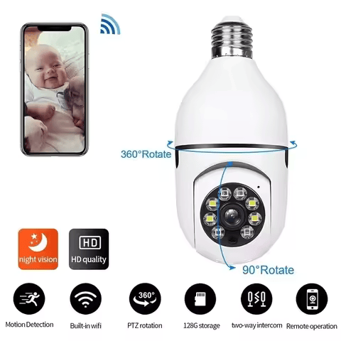 Cámara de seguridad con bombilla de 2 MP para seguridad del hogar, WiFi de 360°, cámara de seguridad inalámbrica para exteriores, cámara de bombilla con detección de movimiento, conversación