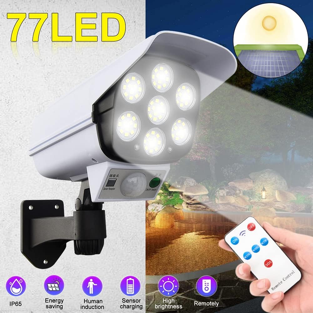 Luz LED solar de seguridad con sensor de movimiento PIR, 77 LED, luz de suelo y pared con ángulo ajustable, luz solar con cámara falsa para exteriores, para terraza, cerca, patio, puerta de entrada
