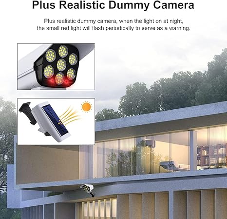 Luz LED solar de seguridad con sensor de movimiento PIR, 77 LED, luz de suelo y pared con ángulo ajustable, luz solar con cámara falsa para exteriores, para terraza, cerca, patio, puerta de entrada