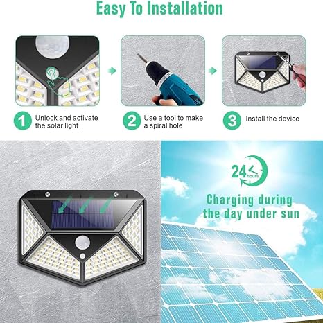 Luces solares para exteriores, [iluminación de cuatro ángulos] Luz solar de seguridad de 100 LED con sensor de movimiento, luz solar impermeable de pared con 3 modos para jardín, exterior,