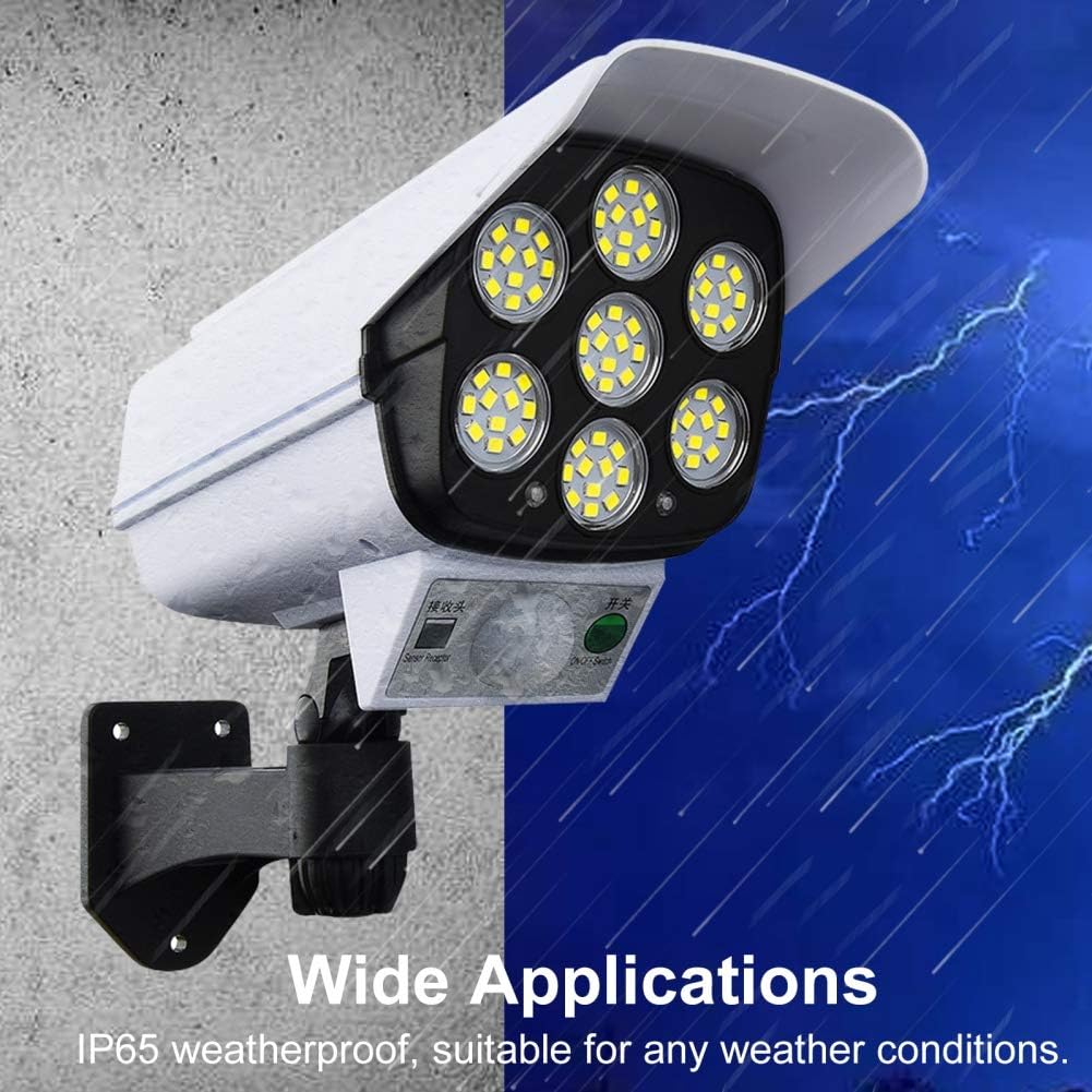 Luz LED solar de seguridad con sensor de movimiento PIR, 77 LED, luz de suelo y pared con ángulo ajustable, luz solar con cámara falsa para exteriores, para terraza, cerca, patio, puerta de entrada