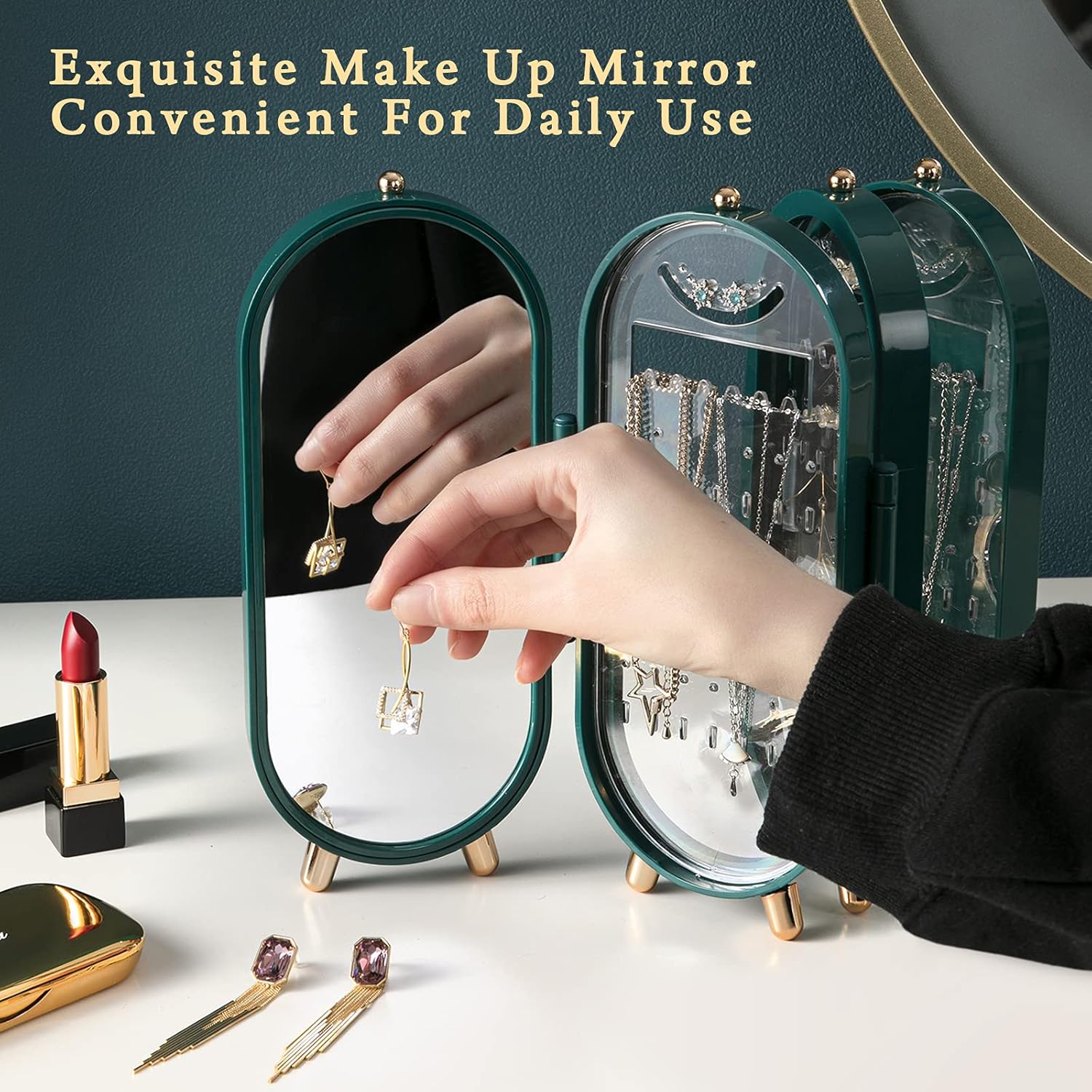 Soporte para aretes, caja de almacenamiento de joyas para mujer, plegable, acrílico, expositor, caja organizadora de joyas con espejo, adecuado para aretes, collares, anillos, diamantes, esmeraldas