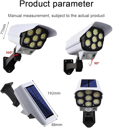 Luz LED solar de seguridad con sensor de movimiento PIR, 77 LED, luz de suelo y pared con ángulo ajustable, luz solar con cámara falsa para exteriores, para terraza, cerca, patio, puerta de entrada