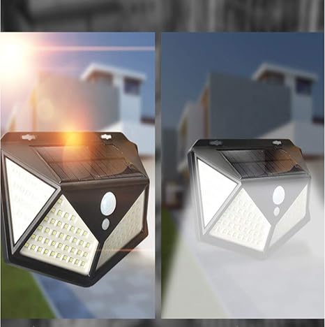 Luces solares para exteriores, [iluminación de cuatro ángulos] Luz solar de seguridad de 100 LED con sensor de movimiento, luz solar impermeable de pared con 3 modos para jardín, exterior,
