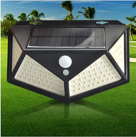 Luces solares para exteriores, [iluminación de cuatro ángulos] Luz solar de seguridad de 100 LED con sensor de movimiento, luz solar impermeable de pared con 3 modos para jardín, exterior,